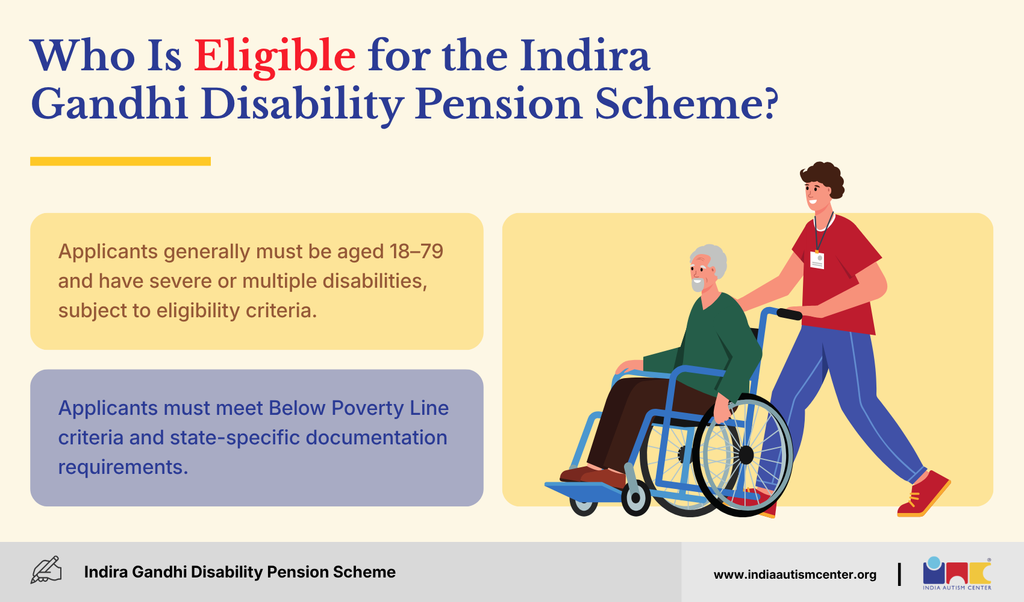 IGNDPS eligibility: caregiver pushing an elderly man in a wheelchair, explaining age 18–79 and BPL criteria
