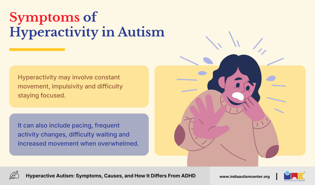 Symptoms of hyperactivity in autism including constant movement, impulsivity, pacing and increased activity when overwhelmed.
