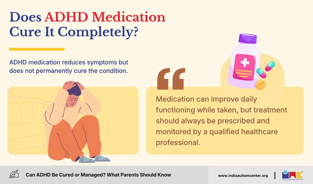 Illustration explaining that ADHD medication manages symptoms but does not permanently cure ADHD.