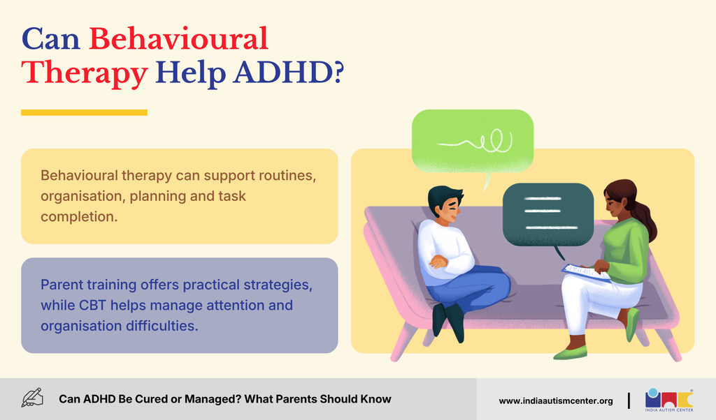 Behavioural therapy for ADHD showing counselling, parent training and practical support strategies.