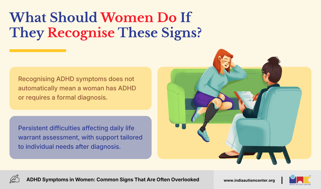 What women should do if they recognise ADHD signs, including seeking professional assessment and personalised support.