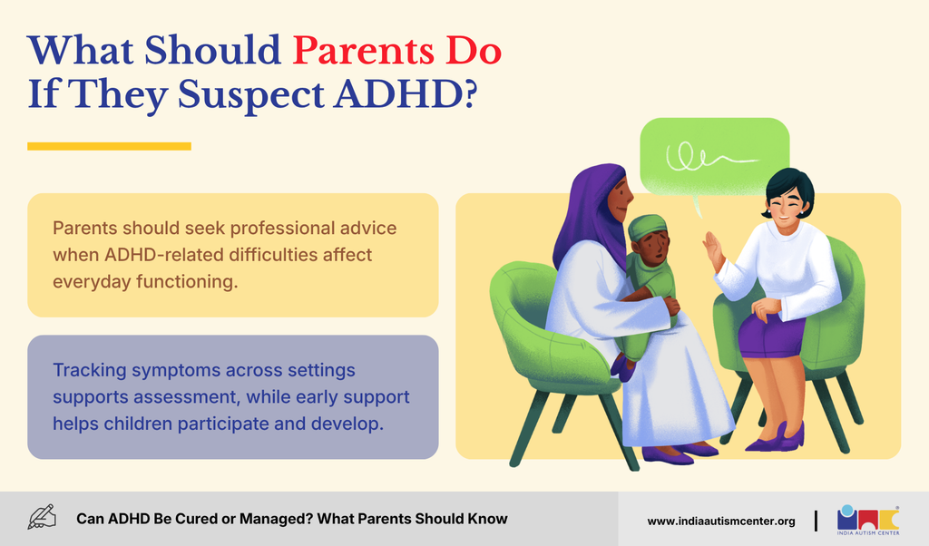 What parents should do if they suspect ADHD, including assessment and tracking symptoms.