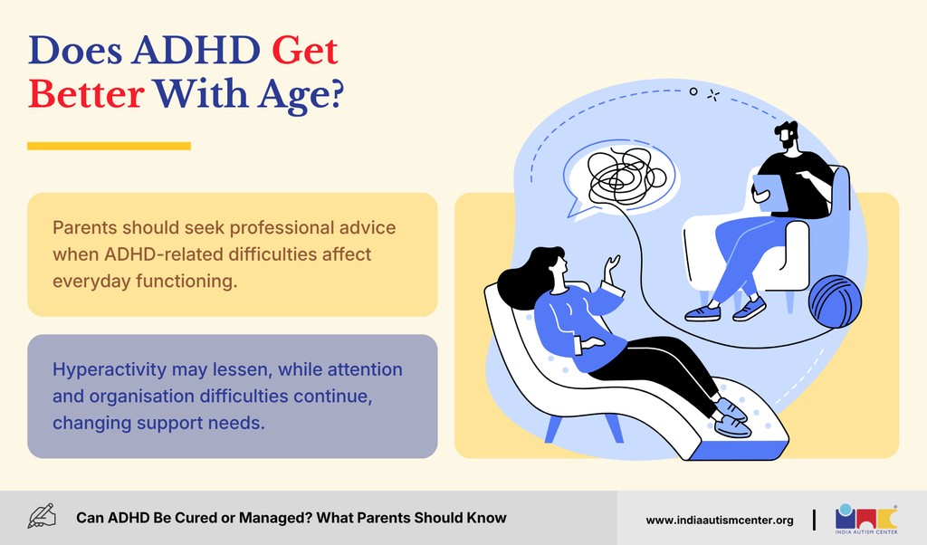 Does ADHD get better with age? Illustration explaining how symptoms and support needs may change.