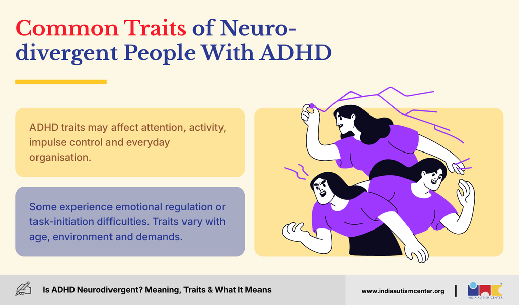 Common ADHD neurodivergent traits involving attention, impulsivity, activity and emotional regulation
