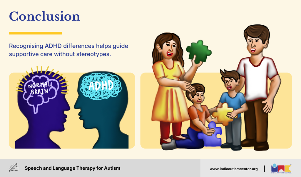 Family with puzzle pieces beside normal and ADHD brain illustrations: recognising ADHD differences guides supportive care
