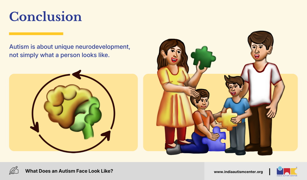 Illustrated family with puzzle pieces and a brain icon: autism is about unique neurodevelopment, not appearance