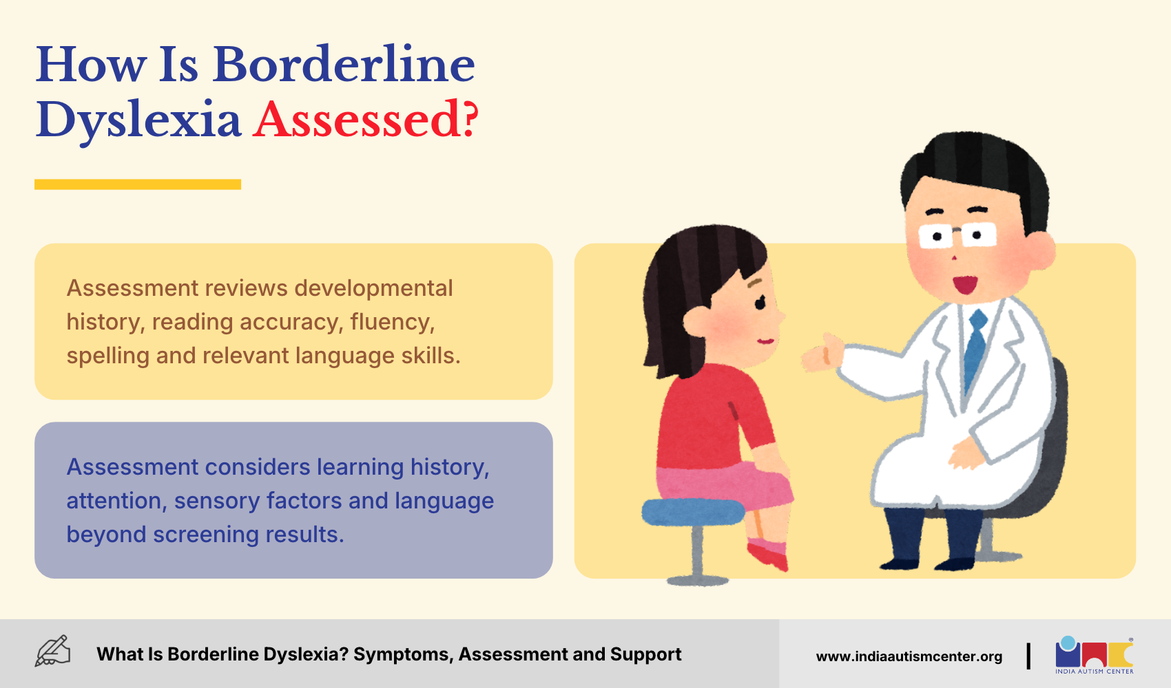 Doctor in a white coat talking with a young girl during a borderline dyslexia assessment