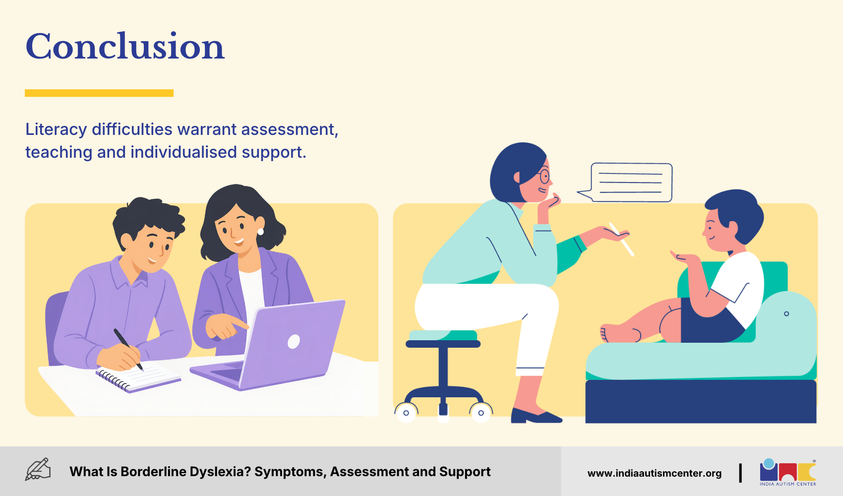 Parents reviewing information on a laptop and a therapist talking with a child, showing individualised support for borderline dyslexia