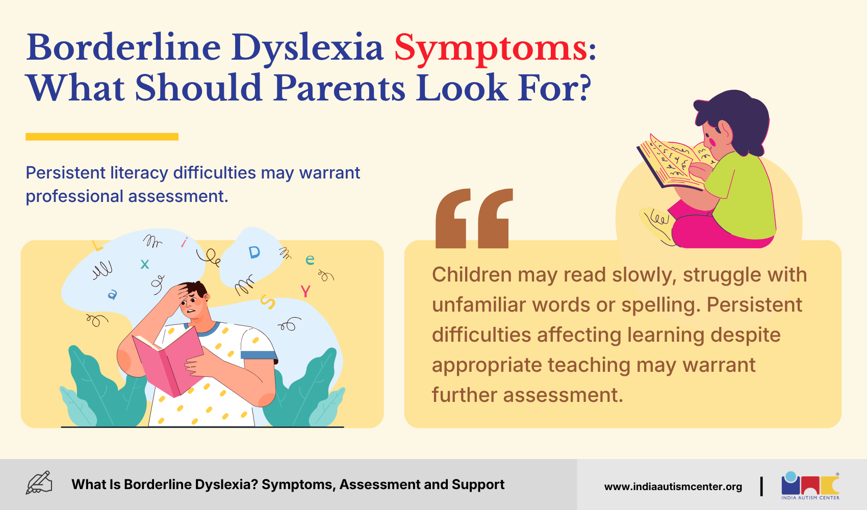Boy reading a book with letters floating around his head and a girl reading, showing borderline dyslexia symptoms parents should look for