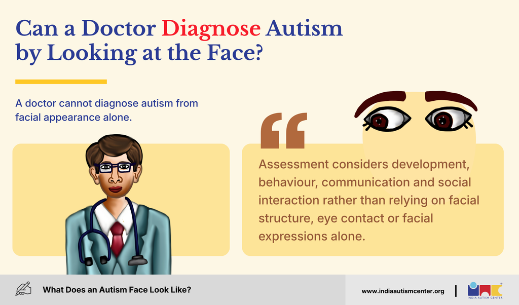 Illustrated doctor explaining autism assessment considers development, behaviour and communication, not facial appearance