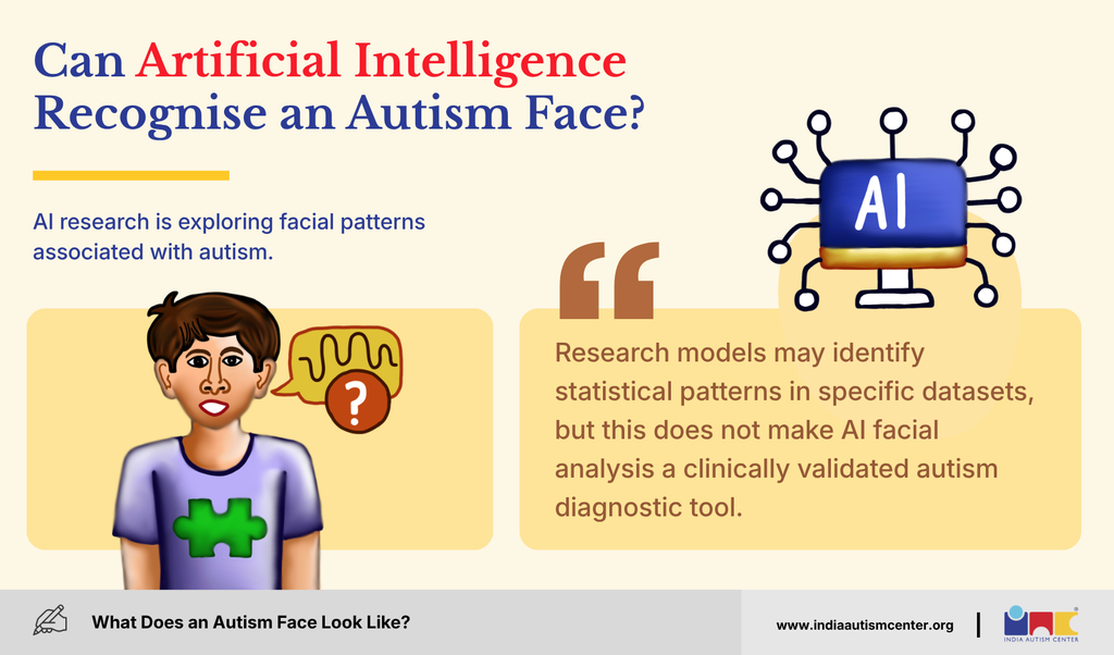 Illustration of a boy and an AI icon explaining AI facial analysis is not a clinically validated autism diagnostic tool
