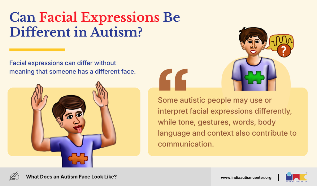 Illustration of a boy with raised hands explaining how some autistic people use or read facial expressions differently