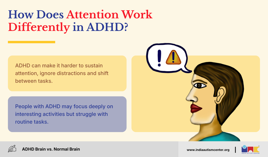 Illustrated person with a warning speech bubble, showing how ADHD affects sustained attention and task switching
