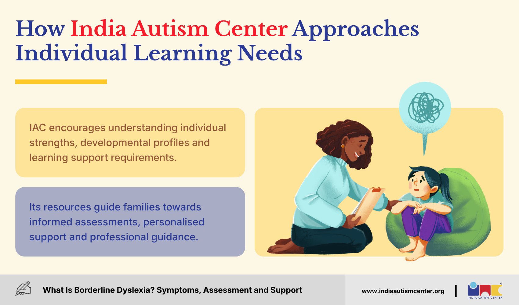 Caregiver kneeling beside a child on a bean bag, representing India Autism Center's individualised approach to learning needs