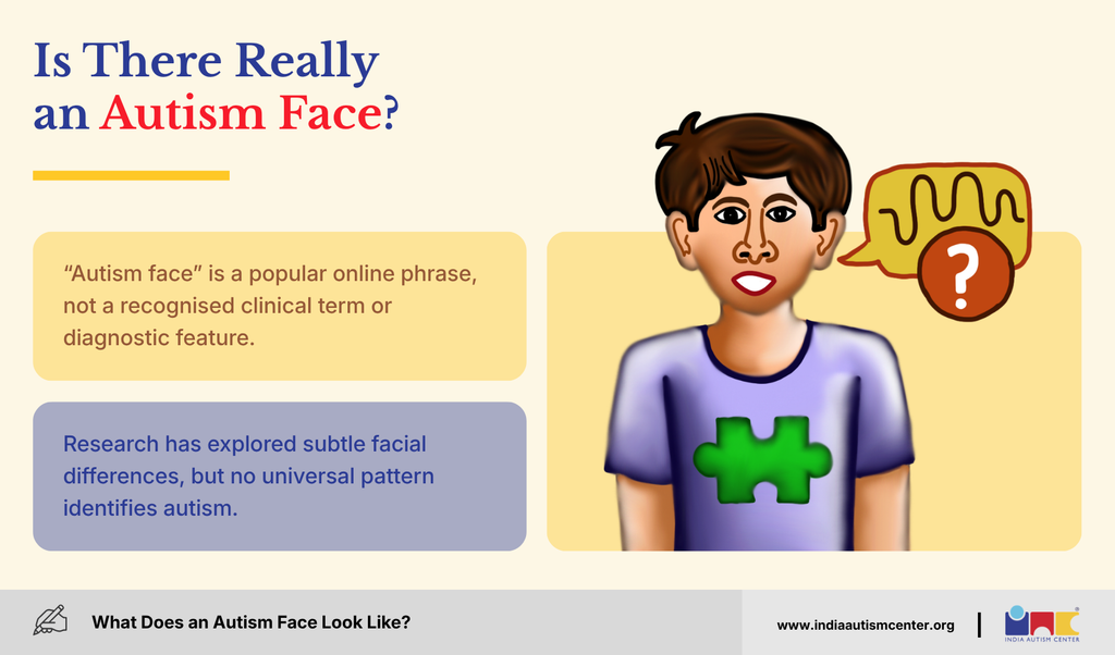 Illustrated boy with a question mark, explaining that autism face is an online phrase, not a clinical term