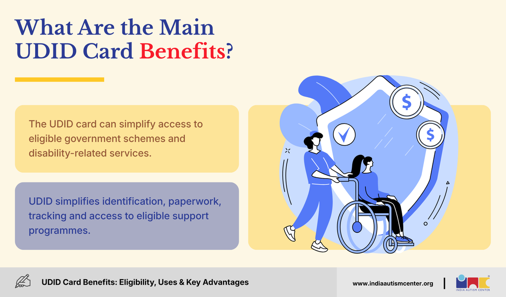 Main UDID card benefits including disability identification and access to eligible government schemes