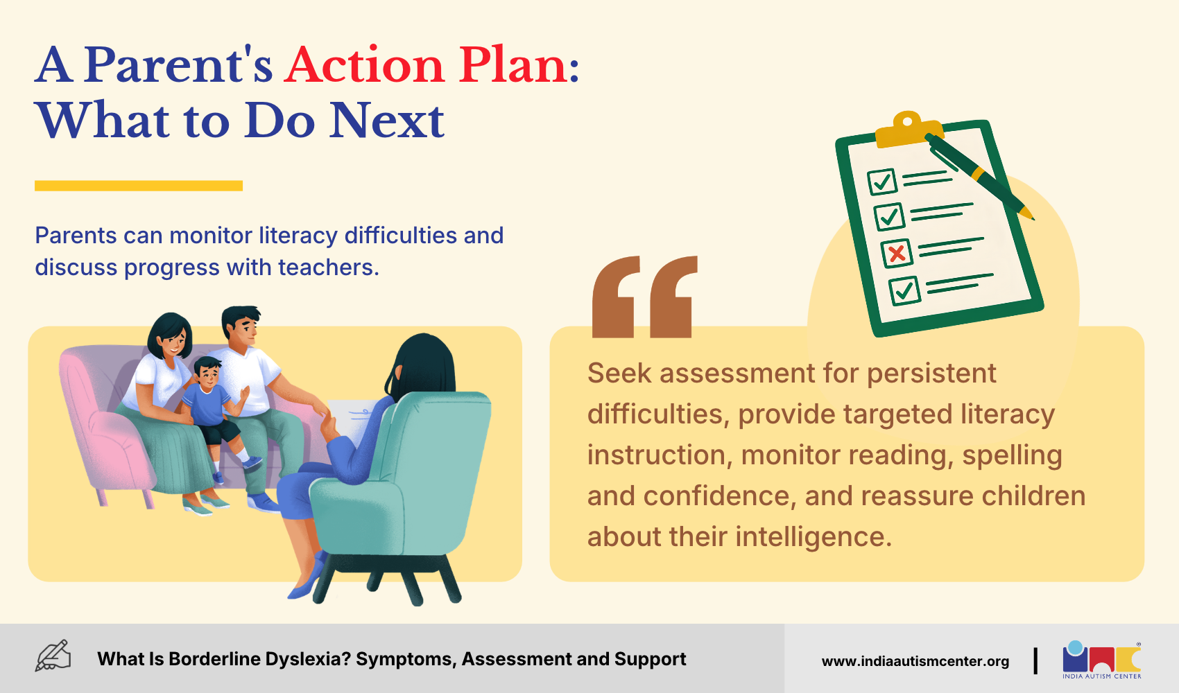 Parents and child meeting a professional beside a checklist clipboard, illustrating a parent's action plan for borderline dyslexia