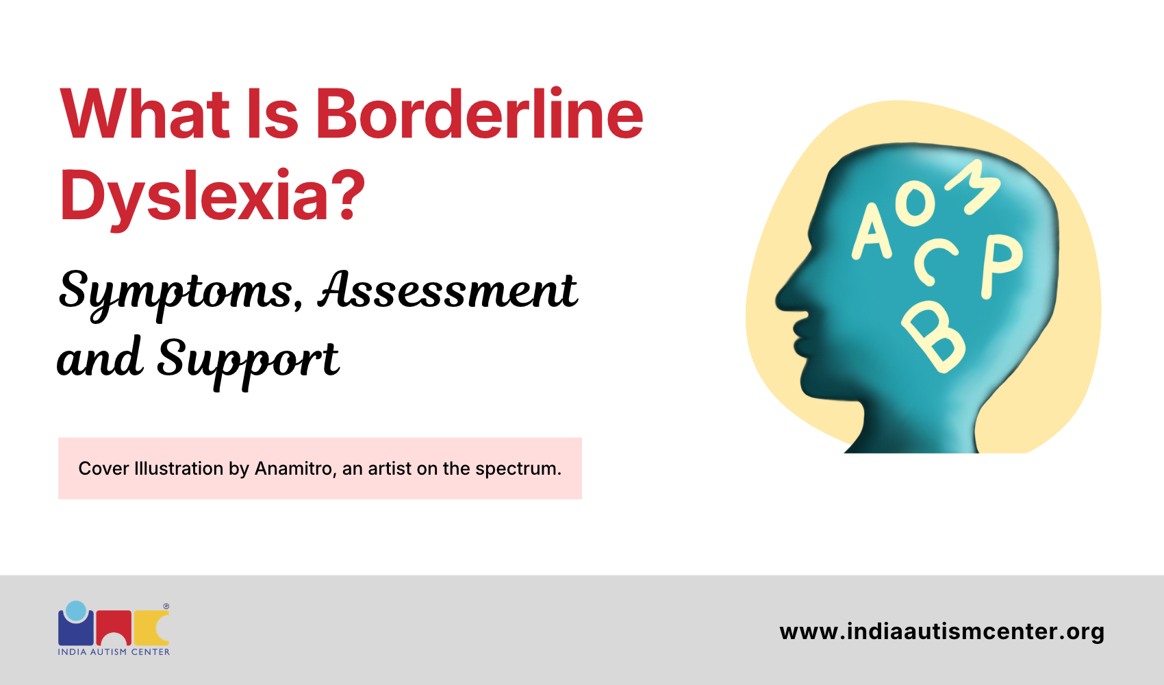 Illustration of a human head silhouette filled with jumbled letters A, C, B, O and P, representing borderline dyslexia symptoms, assessment and support