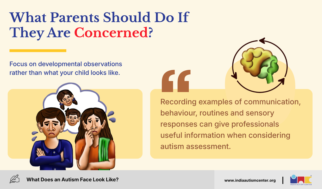 Illustrated worried parents, with advice to record communication, behaviour and sensory examples for an autism assessment