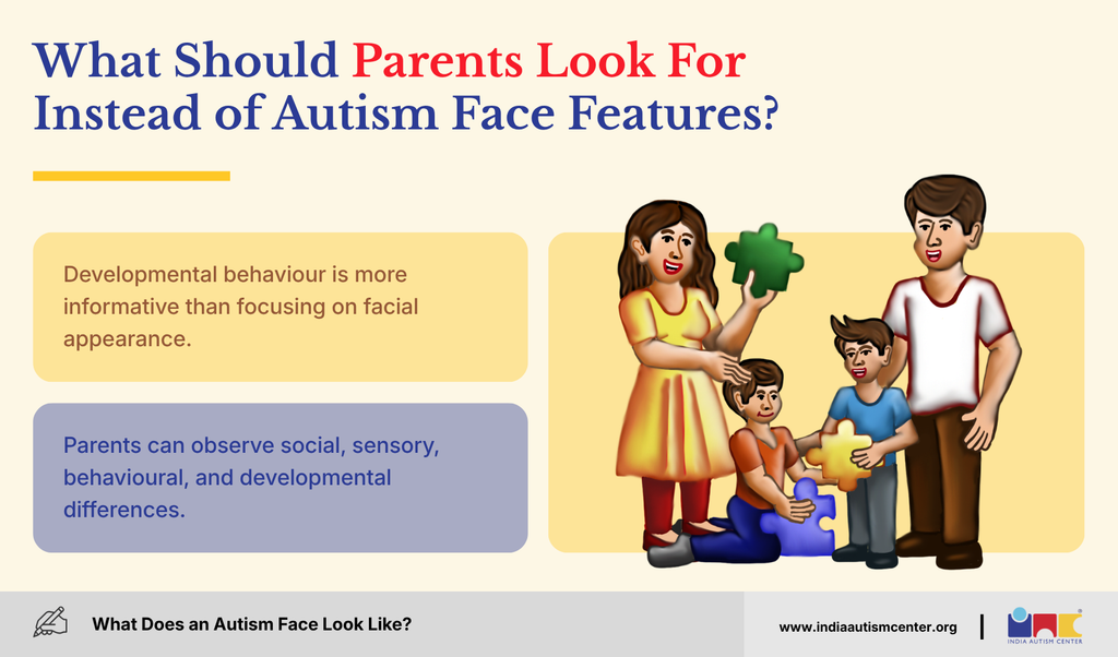 Illustrated family with puzzle pieces: parents can observe social, sensory and behavioural signs, not facial features